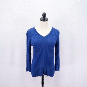 Laura Scott Blue Petite Small Ribbed Cotton Acrylic Knit V-Neck Sweater